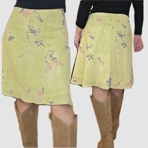 Tristan & Iseut Yellow Green Floral A-Line Midi Skirt Size S